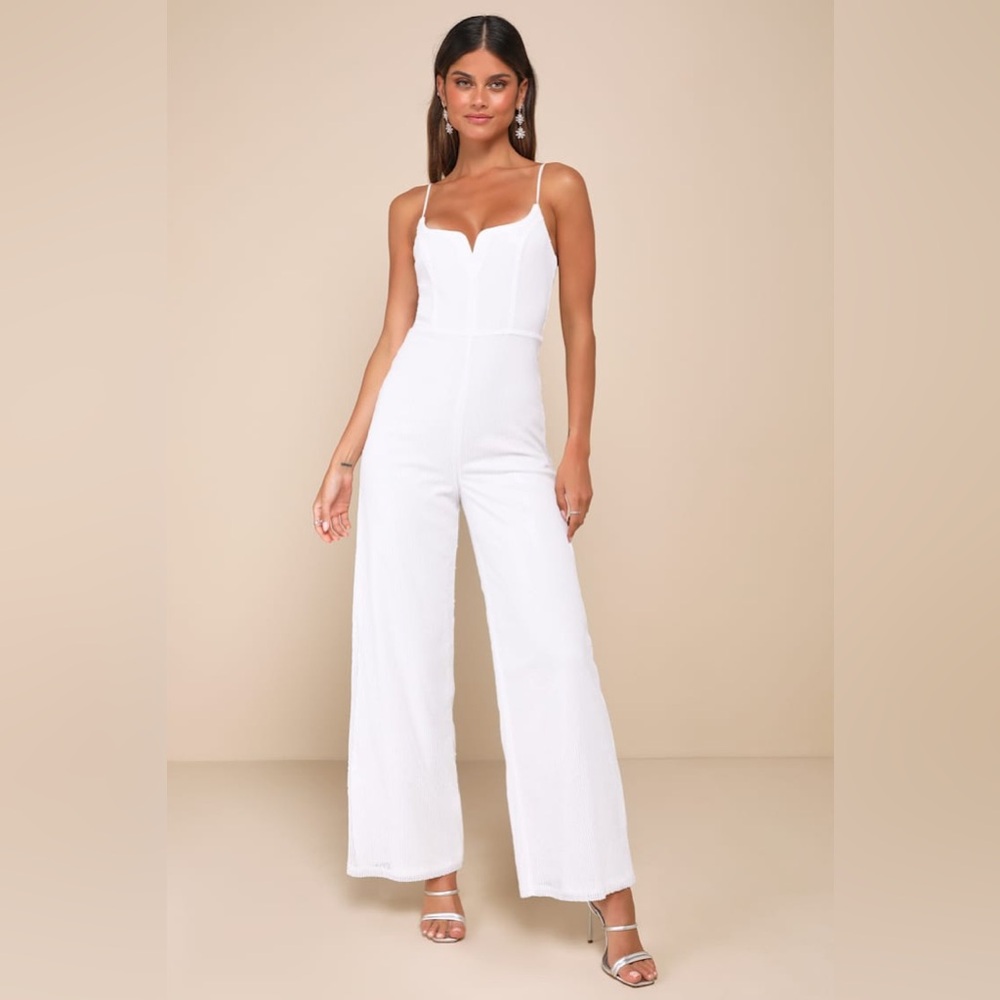 Lulus-Cheers to Chic Ivory Mesh Sequin Sleeveless Wide-Leg Jumpsuit (Large)